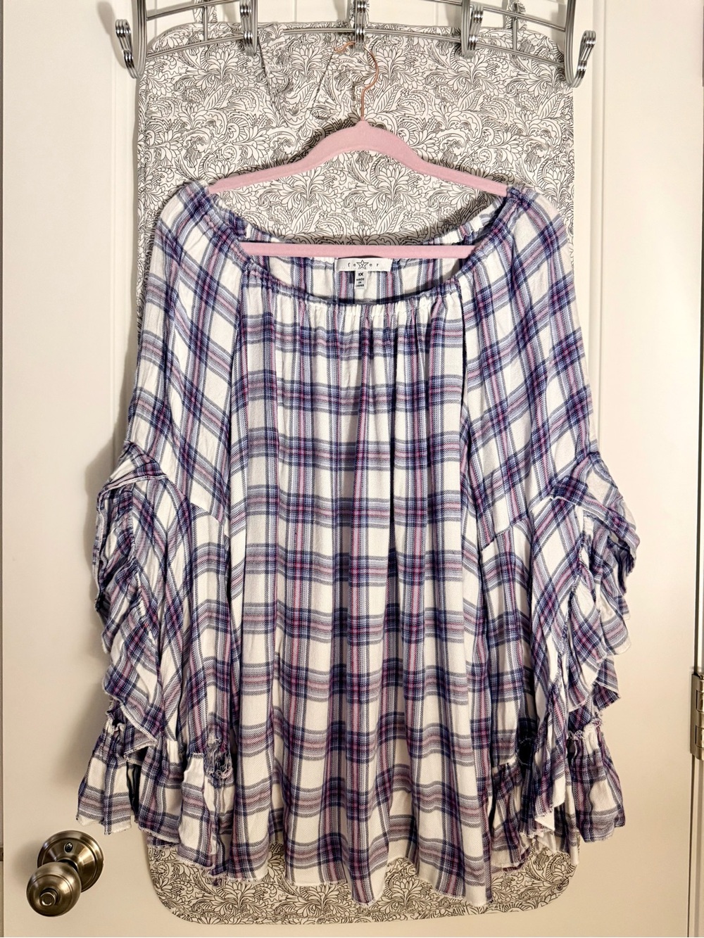 White and Purple Plaid Off-Shoulder Ruffle Sleeve Top